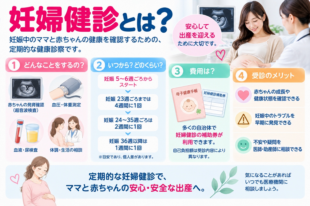妊婦健診の内容や受診時期、目的を解説したインフォグラフィック。妊娠中の母体と赤ちゃんの健康を確認するため、超音波検査、血圧・体重測定、血液・尿検査などを行い、赤ちゃんの成長や妊娠中の異常を定期的に確認することを紹介