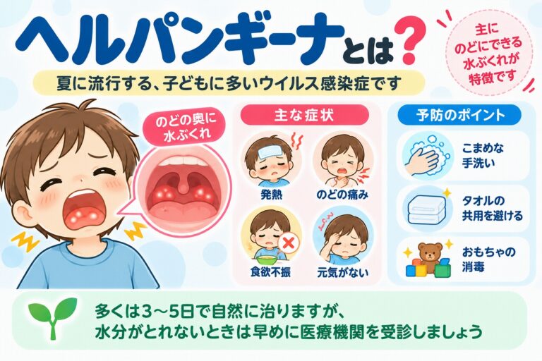 ヘルパンギーナの主な症状と予防方法を解説した医療インフォグラフィック。子どもののどの奥にできる小さな水疱や口内の痛みをイラストで紹介。発熱、のどの痛み、食欲不振、元気がないなどの症状と、手洗い、タオルの共用を避ける、おもちゃの消毒などの感染対策、脱水を防ぐための受診の目安を図解。