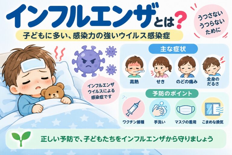 子どものインフルエンザの主な症状と予防方法を紹介した医療インフォグラフィック。発熱してベッドで休む子どものイラストとともに、高熱、咳、のどの痛み、全身のだるさなどの症状を解説。ワクチン接種、手洗い、マスクの着用、こまめな換気などの感染予防対策を図解。