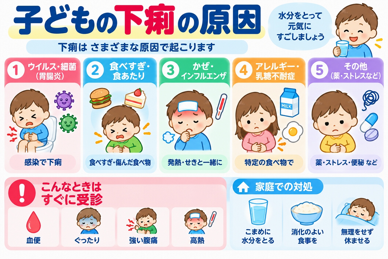子どもの下痢の原因と対処法を紹介する医療インフォグラフィック。ウイルスや細菌による胃腸炎、食べすぎ、食あたり、風邪、食物アレルギー、乳糖不耐症、薬の影響などをイラストで解説。血便、ぐったりしている、強い腹痛、高熱などの受診の目安と、家庭での水分補給や食事の工夫を紹介。