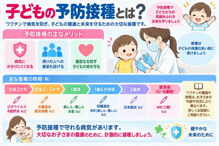 子どもの予防接種について解説したインフォグラフィック。ワクチンによって感染症にかかるリスクや重症化を抑え、周囲への感染拡大を防ぐことにもつながる予防接種の役割と、年齢に応じて計画的に接種することの大切さを紹介