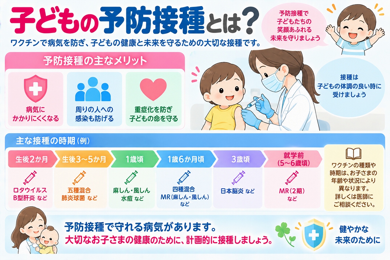 子どもの予防接種について解説したインフォグラフィック。ワクチンによって感染症にかかるリスクや重症化を抑え、周囲への感染拡大を防ぐことにもつながる予防接種の役割と、年齢に応じて計画的に接種することの大切さを紹介