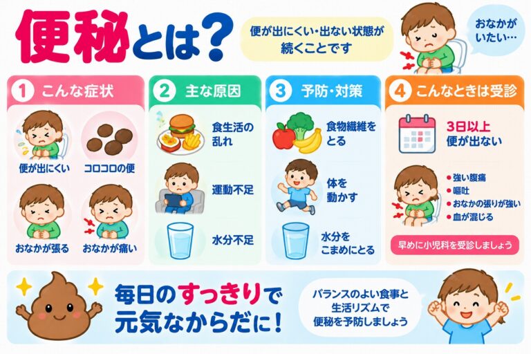 子どもの便秘の症状や原因、予防・対処法を解説した医療インフォグラフィック。便が出にくい、コロコロした硬い便、お腹の張り、腹痛などの症状をイラストで紹介。食生活の乱れ、運動不足、水分不足などの関連要因と、食物繊維の摂取、適度な運動、水分補給、受診の目安を図解。