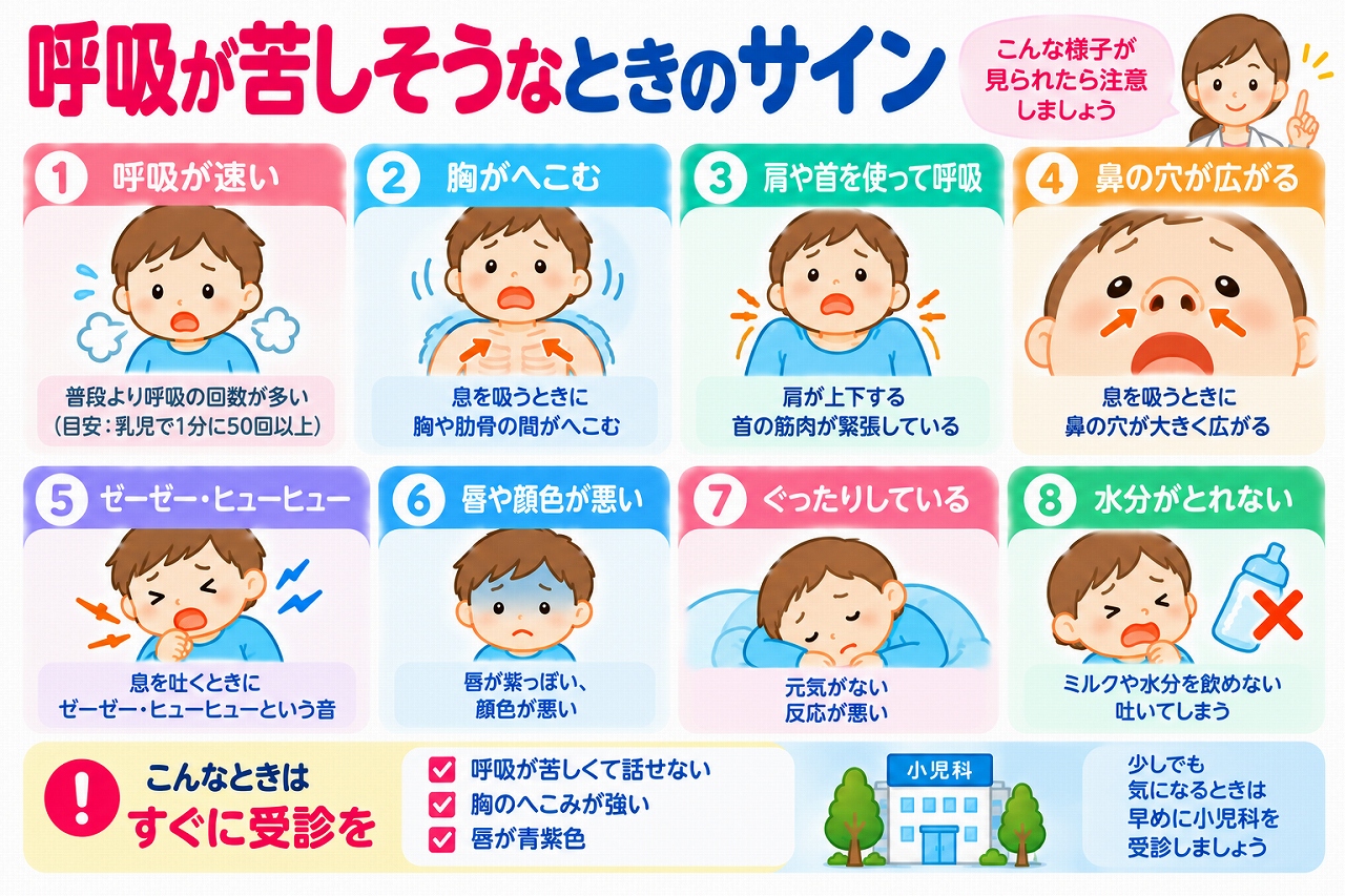 子どもの呼吸が苦しそうなときに注意したい症状と受診の目安を解説した医療インフォグラフィック。呼吸が速い、胸や肋骨の間がへこむ陥没呼吸、ゼーゼーする呼吸、唇や顔色の変化、ぐったりしている、水分がとれないなどの危険なサインを紹介。家庭での対応と119番への連絡が必要な症状を図解。