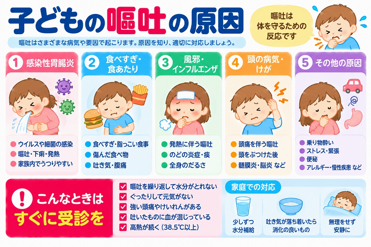 子どもの嘔吐の主な原因と家庭での対処法を解説した医療インフォグラフィック。感染性胃腸炎、食べすぎ、食あたり、風邪、頭部外傷、乗り物酔い、便秘などの原因をイラストで紹介。繰り返す嘔吐、脱水、ぐったりしている、強い頭痛、血液の混じった嘔吐などの危険な症状と、少量ずつの水分補給や受診の目安を図解。