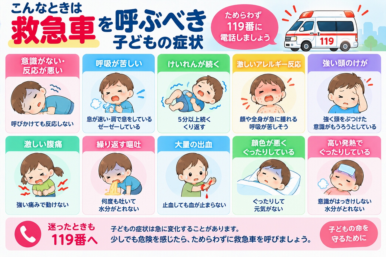 救急車を呼ぶべき子どもの症状を解説したインフォグラフィック。呼びかけても反応しない、呼吸が苦しい、けいれんが続く、激しいアレルギー反応、強い頭部外傷、大量の出血、意識がはっきりしないなど、緊急性が高く119番への通報を検討すべきサインを紹介