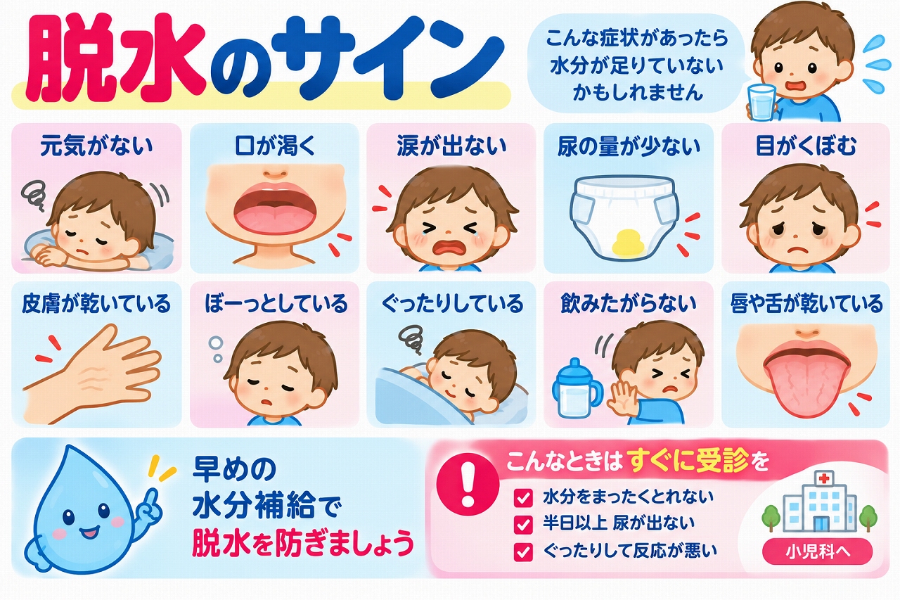 子どもの脱水のサインをイラストで解説した医療インフォグラフィック。元気がない、口や舌が乾く、涙が出ない、尿量が少ない、目がくぼむ、皮膚の乾燥、ぼんやりする、ぐったりしているなどの症状を紹介。早めの水分補給の重要性と、水分が飲めない、尿が長時間出ない、反応が悪い場合の受診の目安を図解。