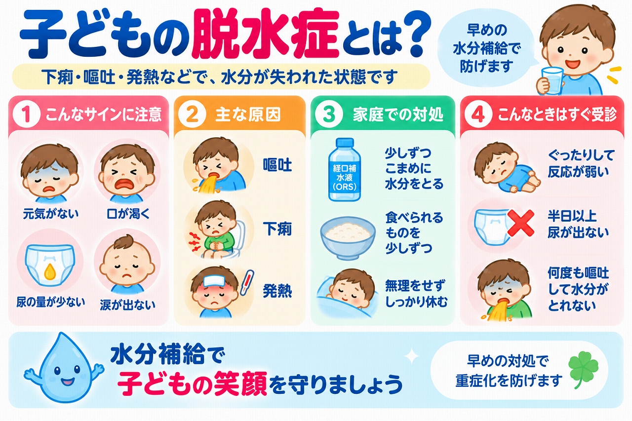 子どもの脱水症の症状や原因、家庭での対処法を解説した医療インフォグラフィック。元気がない、口が渇く、尿量が少ない、涙が出ないなどの脱水のサインを紹介。嘔吐、下痢、発熱による水分不足と、経口補水液による少量ずつの水分補給、ぐったりしている場合などの受診の目安を図解。