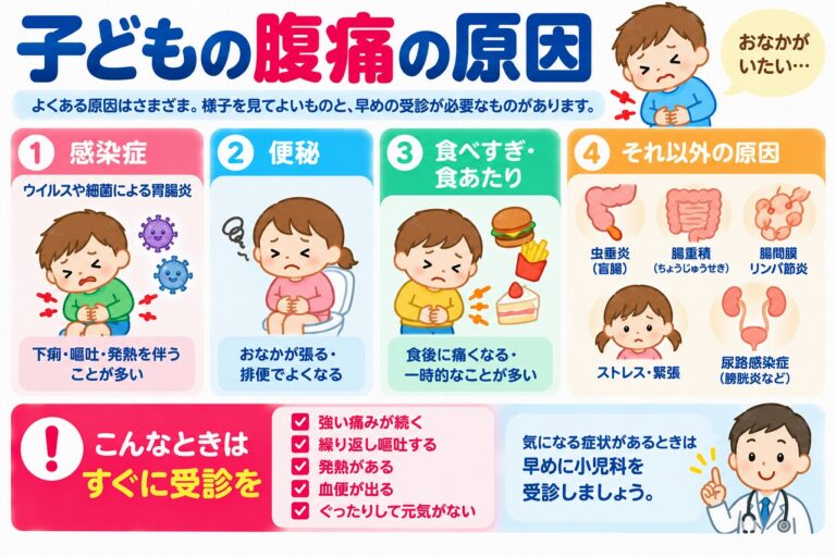 子どもの腹痛の主な原因と受診の目安を解説した医療インフォグラフィック。感染性胃腸炎、便秘、食べすぎ、食あたり、虫垂炎、腸重積、腸間膜リンパ節炎、尿路感染症などをイラストで紹介。強い腹痛、繰り返す嘔吐、発熱、血便、ぐったりしているなどの危険な症状を図解。