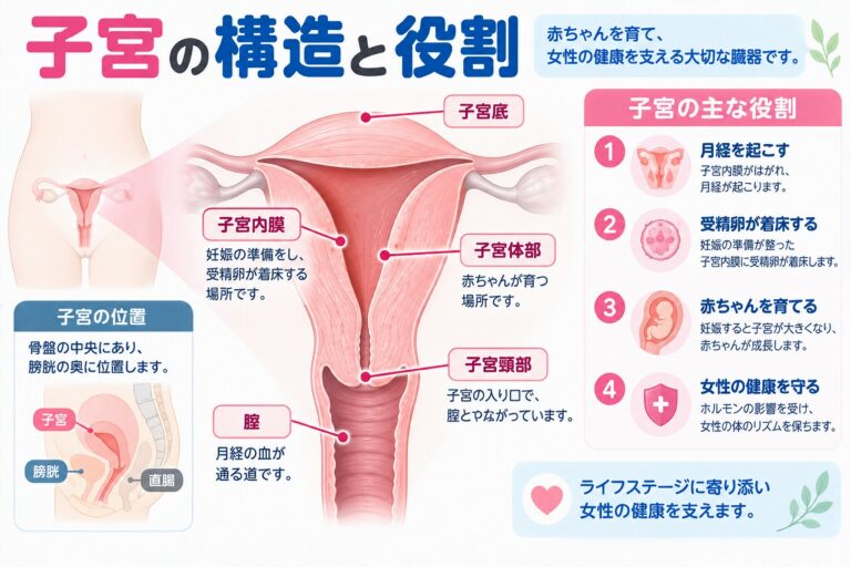 子宮の構造と役割を解説したインフォグラフィック。子宮底、子宮体部、子宮内膜、子宮頸部、腟などの位置と、月経、受精卵の着床、妊娠中に胎児を育てるなど子宮の主な働きを紹介