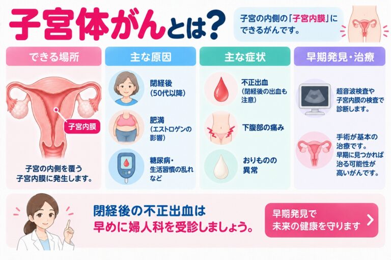 子宮体がんの発生部位や症状を解説したインフォグラフィック。子宮の内側を覆う子宮内膜に発生するがんについて、不正出血や閉経後の出血、下腹部痛、おりものの異常などの症状と、年齢や肥満、糖尿病などの関連因子、検査・治療について紹介