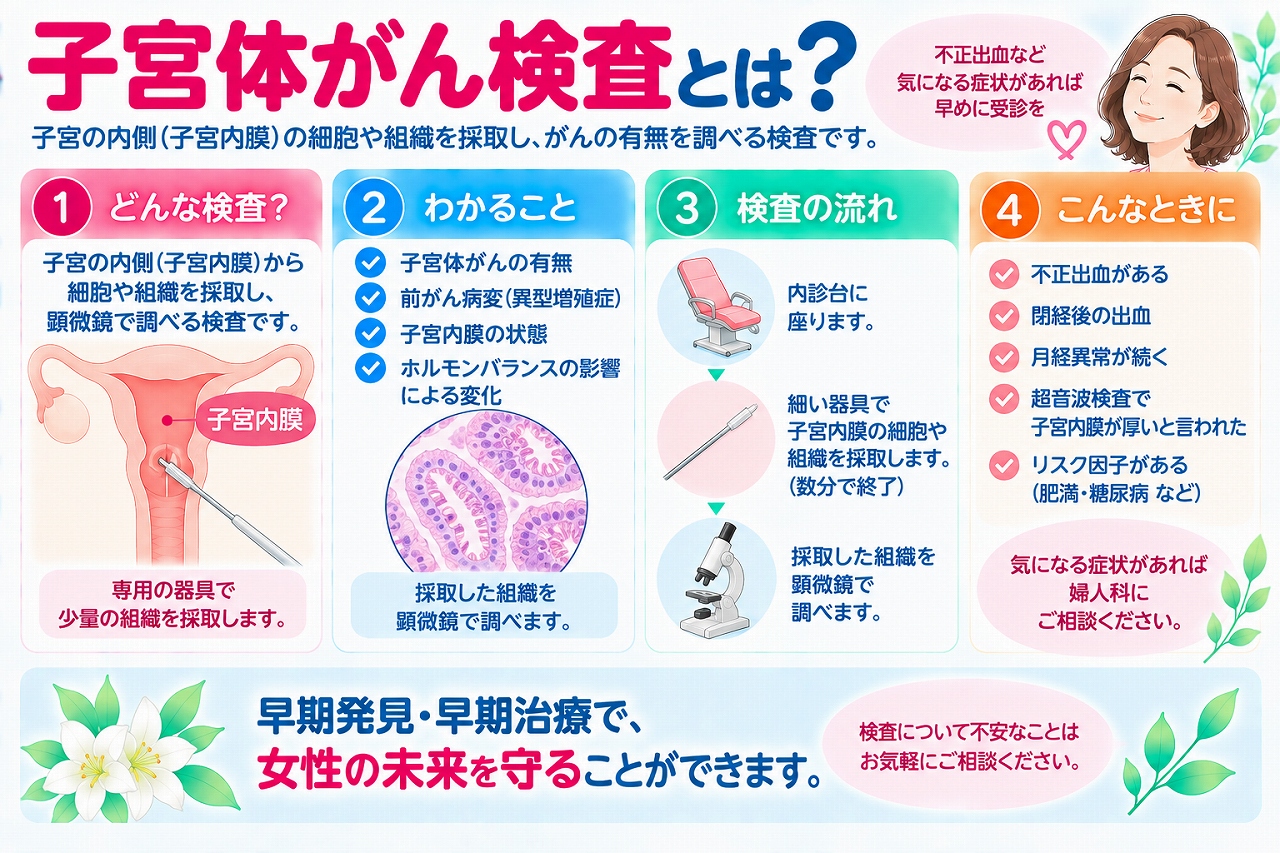 子宮体がん検査について解説したインフォグラフィック。子宮内膜から細胞や組織を採取して調べる検査について、子宮体がんや前がん病変の確認、検査の流れ、不正出血や閉経後出血など受診が必要な症状を紹介