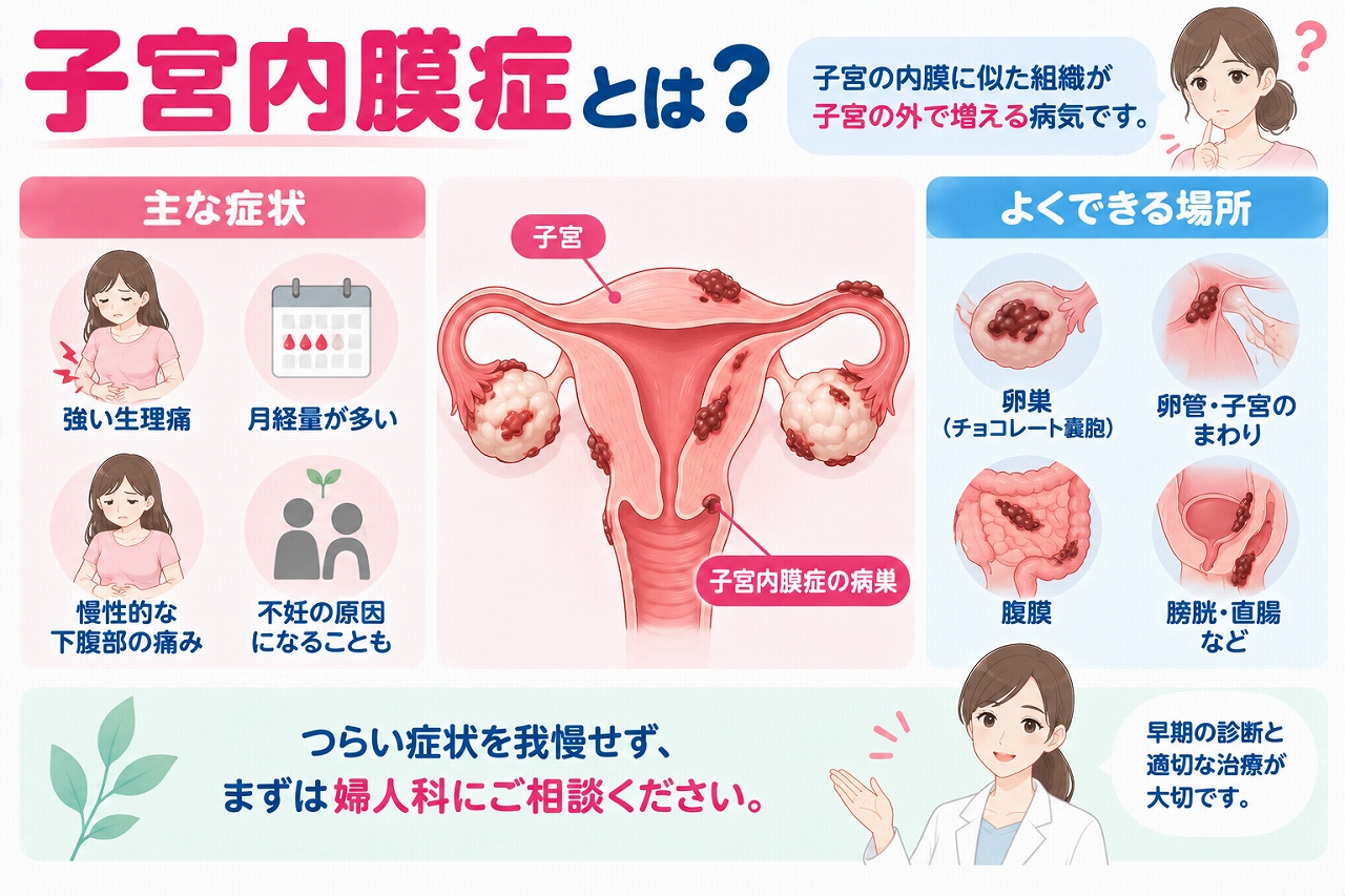 子宮内膜症の症状や発生する場所を解説したインフォグラフィック。子宮内膜に似た組織が子宮の外で増殖し、強い生理痛、慢性的な下腹部痛、月経時の症状、不妊などを引き起こすことや、卵巣・腹膜・卵管や子宮周囲などに病変ができることを紹介