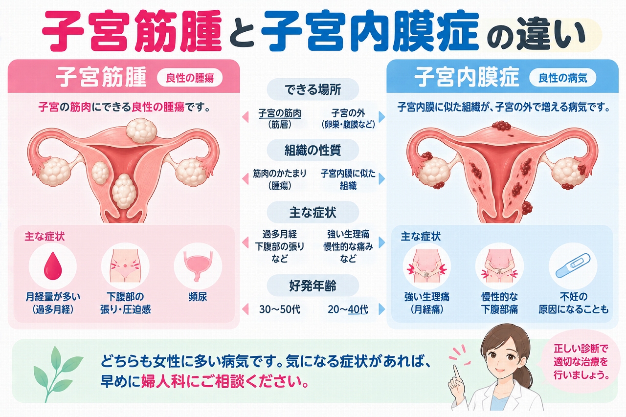 子宮筋腫と子宮内膜症の違いを比較したインフォグラフィック。子宮の筋肉にできる良性腫瘍である子宮筋腫と、子宮内膜に似た組織が子宮の外で増殖する子宮内膜症について、できる場所、組織の特徴、過多月経や生理痛などの症状を紹介