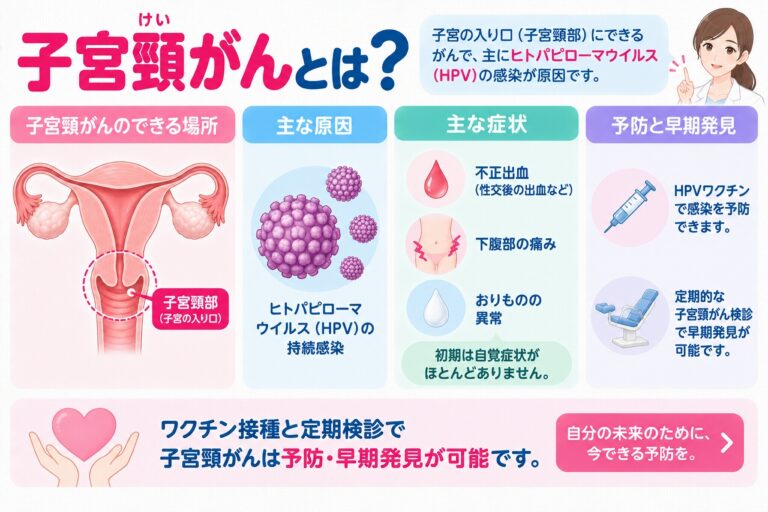 子宮頸がんの原因や症状、予防について解説したインフォグラフィック。子宮の入り口にある子宮頸部に発生するがんについて、HPVの持続感染との関係、不正出血やおりものの異常などの症状、HPVワクチンと子宮頸がん検診による予防・早期発見を紹介