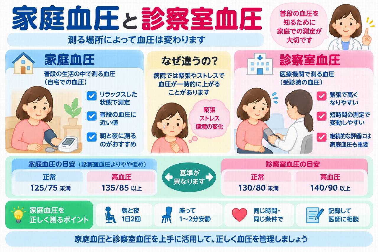家庭血圧と診察室血圧の違いを比較した医療インフォグラフィック。家庭血圧は自宅で測定し、診察室血圧は医療機関で測定する血圧。高血圧の目安は家庭血圧135/85mmHg以上、診察室血圧140/90mmHg以上。緊張やストレスによる血圧の変化、朝晩の測定、安静にして測る方法、測定結果の記録を図解。