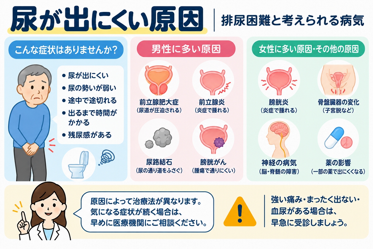 尿が出にくい原因と排尿困難の症状を解説した医療インフォグラフィック。尿の勢いが弱い、尿が途中で途切れる、残尿感があるなどの症状と、前立腺肥大症、前立腺炎、尿路結石、膀胱がん、膀胱炎、骨盤臓器脱、神経疾患、薬の影響などを図解。