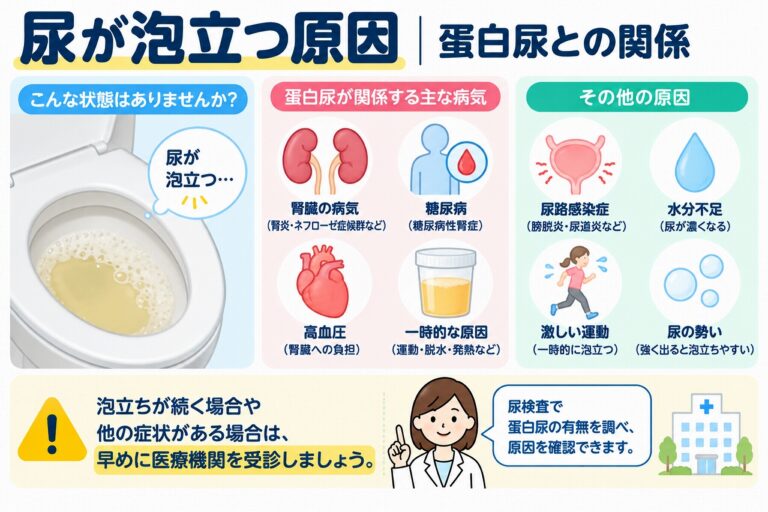 尿が泡立つ原因とは？蛋白尿との関係と考えられる病気を図解