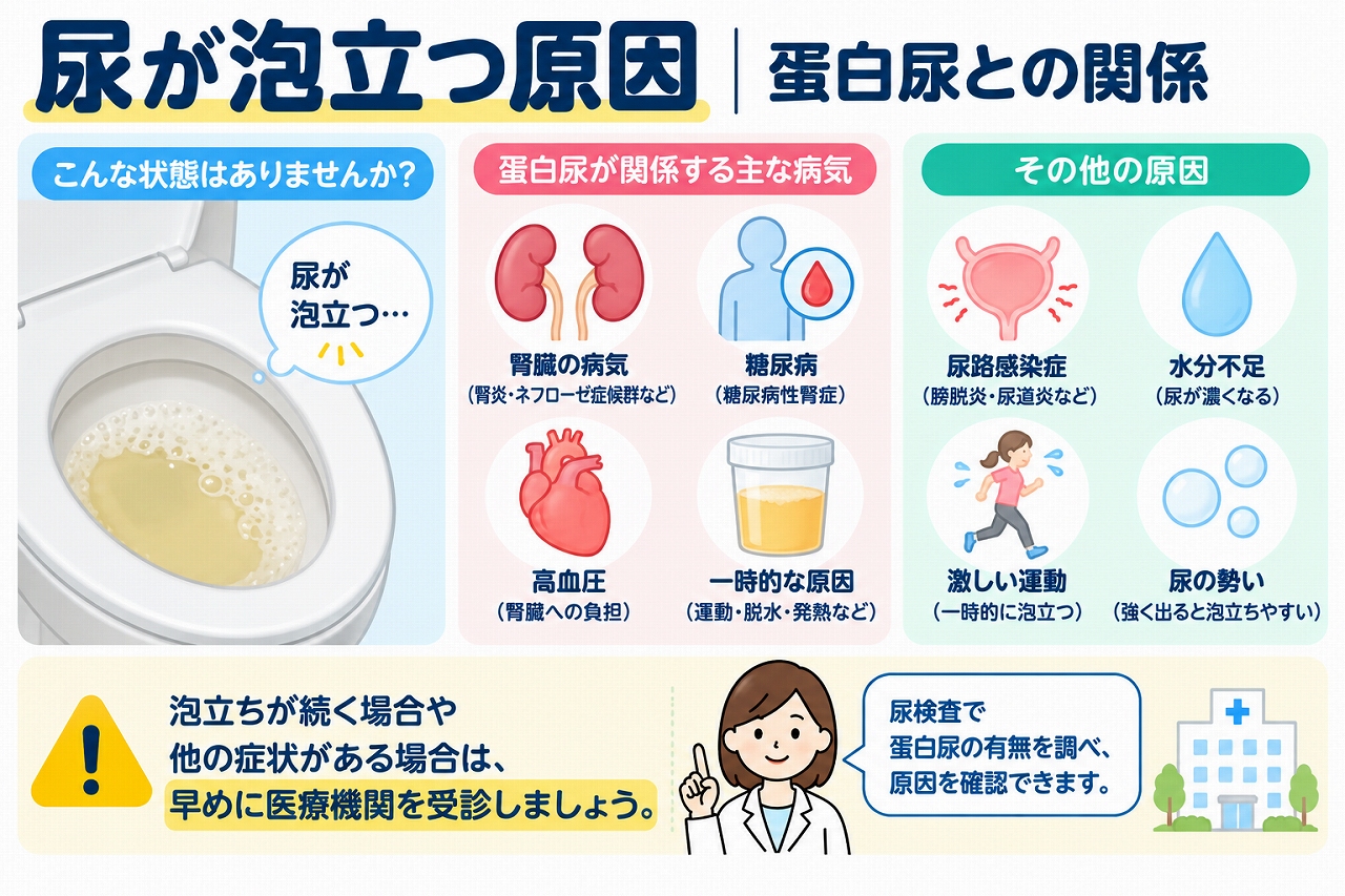 尿が泡立つ原因と蛋白尿の関係を解説した医療インフォグラフィック。腎臓病、糖尿病、高血圧など蛋白尿に関連する病気と、脱水、水分不足、激しい運動、尿の勢いなどによる一時的な泡立ちを比較し、尿検査や受診の目安を図解。