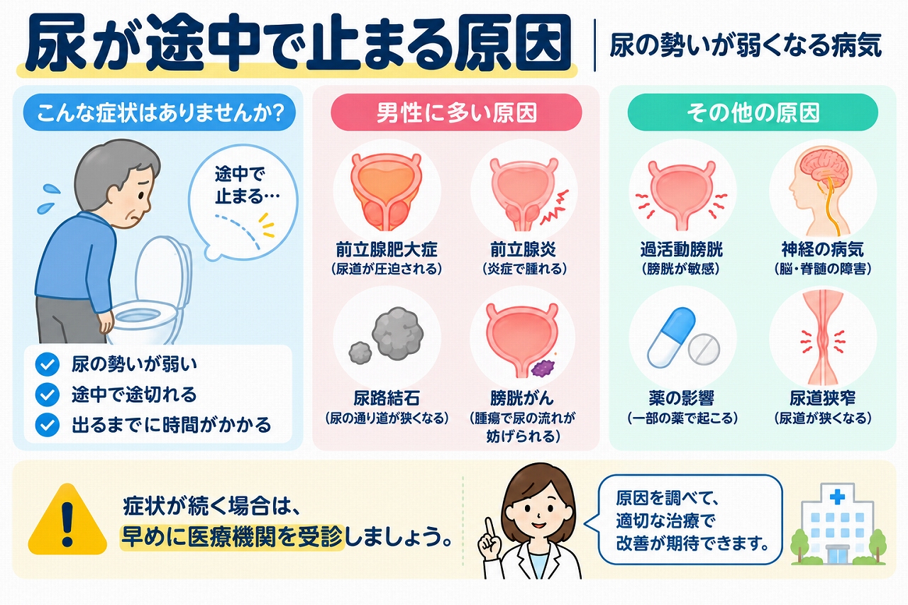 尿が途中で止まる、尿の勢いが弱いなどの排尿障害を解説した医療インフォグラフィック。前立腺肥大症、前立腺炎、尿路結石、膀胱がん、尿道狭窄、神経疾患、薬の影響など、考えられる原因と症状、受診の目安を図解。