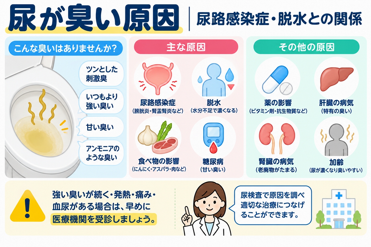 尿の臭いが強くなる原因を解説した医療インフォグラフィック。尿路感染症、脱水、糖尿病、食べ物、薬、肝臓や腎臓の病気などと尿の臭いの関係を図解。アンモニア臭や甘い臭いなどの変化と、医療機関を受診する目安も紹介。