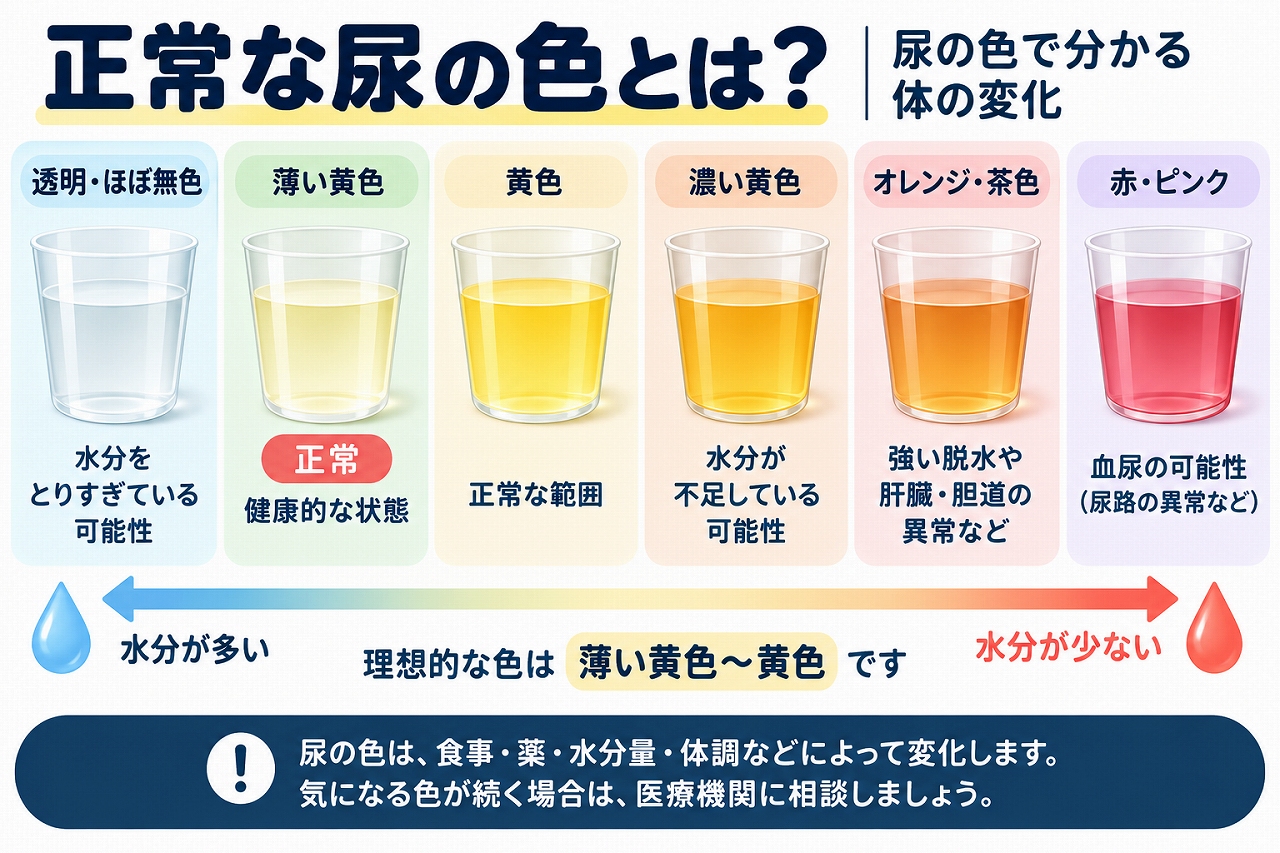 正常な尿の色と体調の変化を比較した医療インフォグラフィック。透明・ほぼ無色、薄い黄色、黄色、濃い黄色、オレンジ・茶色、赤・ピンクの6種類を図解し、水分不足や脱水、血尿などの可能性を分かりやすく解説。