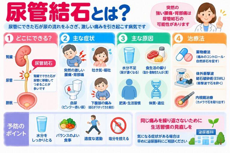 尿管結石とは？突然の激しい腰痛・背部痛の原因と症状・治療法を図解