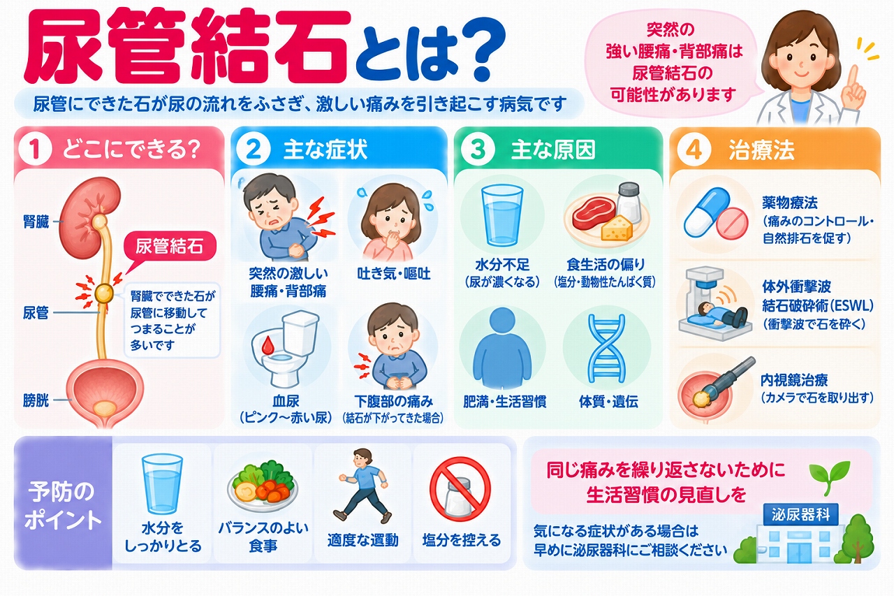 尿管結石の原因や症状、治療法を解説した医療インフォグラフィック。腎臓でできた結石が尿管に移動し、尿の流れを妨げる仕組みを図解。突然の激しい腰痛・背部痛、吐き気、血尿、下腹部痛などの症状と、水分不足、食生活、肥満などの関連要因、薬物療法、体外衝撃波結石破砕術、内視鏡治療、再発予防の方法を紹介。