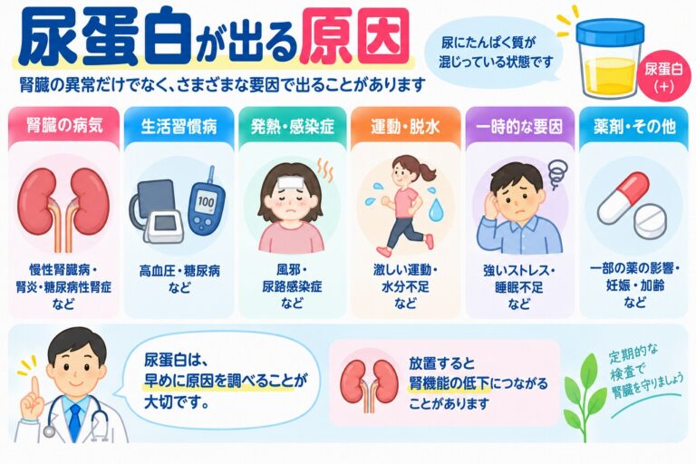 尿蛋白が出る原因とは？腎臓病・糖尿病・一時的な尿蛋白の違いを図解