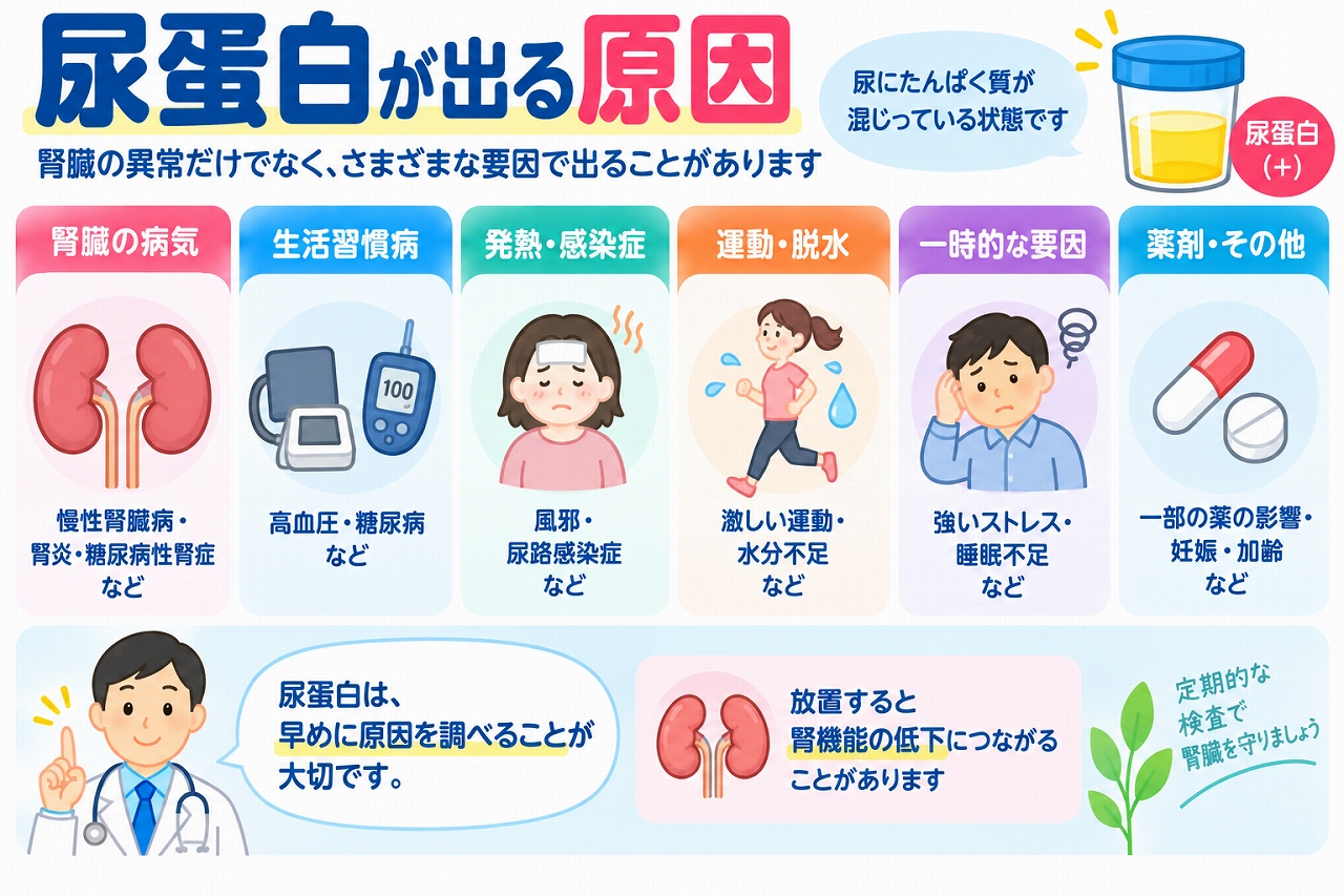 尿蛋白が出る主な原因を解説した医療インフォグラフィック。慢性腎臓病、腎炎、糖尿病、高血圧、発熱、感染症、激しい運動、脱水、ストレス、薬剤などの関連要因をイラストで紹介。尿蛋白が一時的に出る場合と、腎臓の病気によって持続する場合の違いや、再検査・早期受診の重要性を図解。
