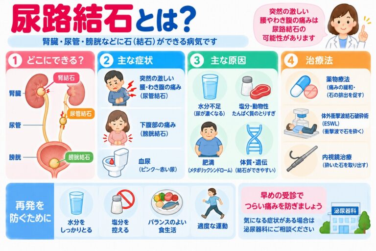 尿路結石とは？腎臓・尿管・膀胱にできる結石の原因・症状・治療法を図解