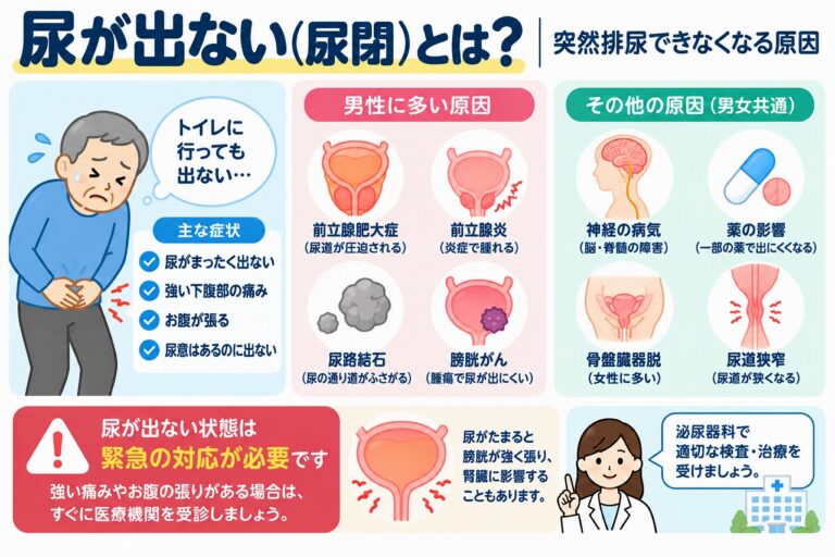 尿が出ない（尿閉）とは？突然排尿できなくなる原因と緊急受診の目安を図解