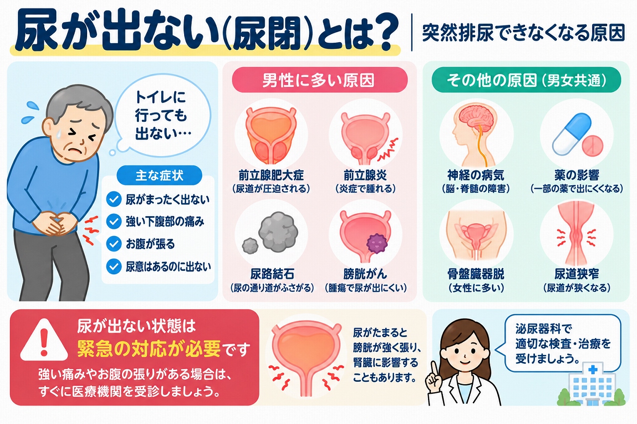 尿が出ない尿閉の症状と原因を解説した医療インフォグラフィック。前立腺肥大症、前立腺炎、尿路結石、膀胱がん、尿道狭窄、骨盤臓器脱、神経疾患、薬の影響などを図解。突然尿が出なくなった場合は緊急の医療対応が必要であることを説明。