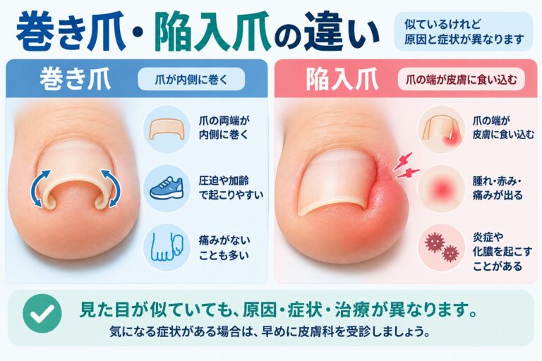 巻き爪と陥入爪の違いを、巻き爪は爪の両端が内側に湾曲する状態、陥入爪は爪の端が皮膚に食い込んで赤み・腫れ・痛みや炎症を起こす状態として比較した図