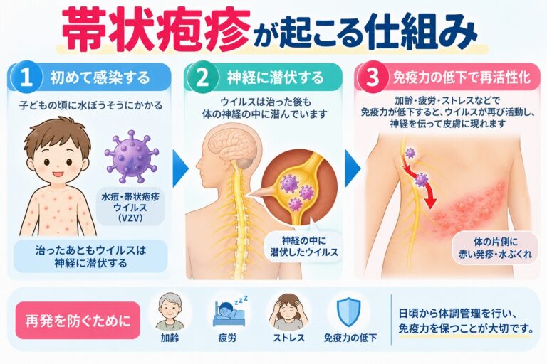 帯状疱疹が起こる仕組みを、水ぼうそうの原因となる水痘・帯状疱疹ウイルスが神経に潜伏し、加齢・疲労・ストレスなどによる免疫力の低下をきっかけに再活性化して、体の片側に痛みや赤い発疹、水ぶくれが現れる流れで示した図