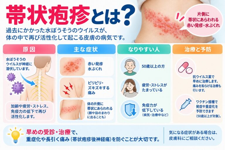 帯状疱疹とは、水ぼうそうの原因となる水痘・帯状疱疹ウイルスが神経に潜伏し、再活性化することで起こる病気で、体の片側に現れる痛みや赤い発疹、水ぶくれなどの症状と治療・予防を示した図