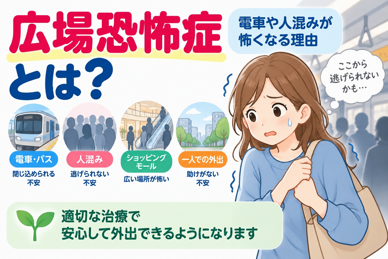 広場恐怖症の特徴や不安を感じやすい場面を解説した医療インフォグラフィック。電車やバス、人混み、ショッピングモール、一人での外出などで、逃げられない、助けてもらえないと感じて強い不安や恐怖が生じる様子をイラストで紹介。適切な治療によって症状の改善が期待できることを図解。