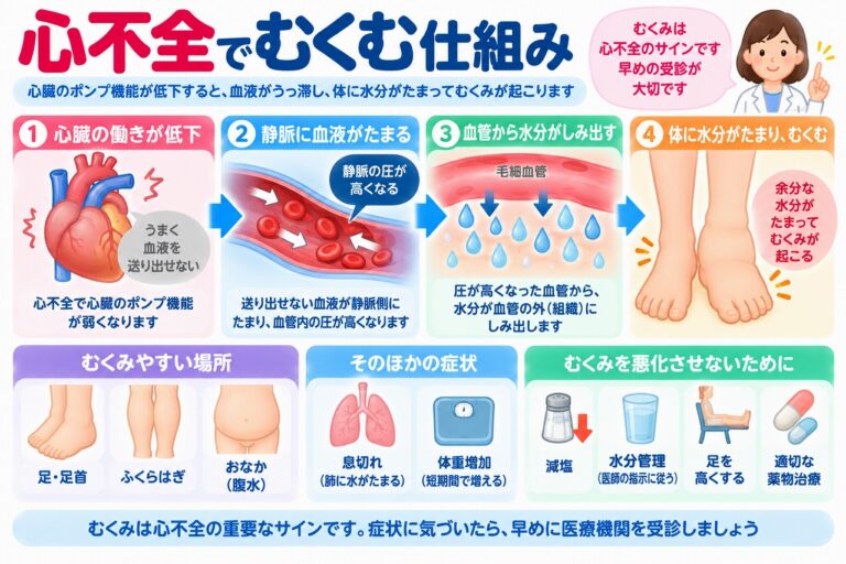 心不全でむくみが起こる仕組みを解説した医療インフォグラフィック。心臓の働きの低下、静脈のうっ血、血管内の圧力上昇、組織への水分移動を4段階で図解。足や足首、ふくらはぎ、お腹のむくみ、息切れ、急な体重増加などの症状と、減塩、水分管理、利尿薬などによる治療を紹介。