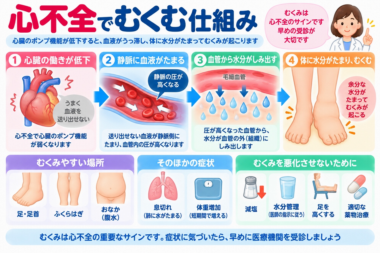 心不全でむくみが起こる仕組みを解説した医療インフォグラフィック。心臓の働きの低下、静脈のうっ血、血管内の圧力上昇、組織への水分移動を4段階で図解。足や足首、ふくらはぎ、お腹のむくみ、息切れ、急な体重増加などの症状と、減塩、水分管理、利尿薬などによる治療を紹介。