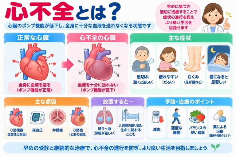 心不全の仕組みや症状、原因、治療法を解説した医療インフォグラフィック。正常な心臓と心不全の心臓を比較し、息切れ、疲労感、足のむくみ、横になると息苦しいなどの症状を紹介。心筋梗塞、高血圧、弁膜症、心筋症などの原因と、減塩、適度な運動、食生活の改善、薬物療法、継続的な治療の重要性を図解。