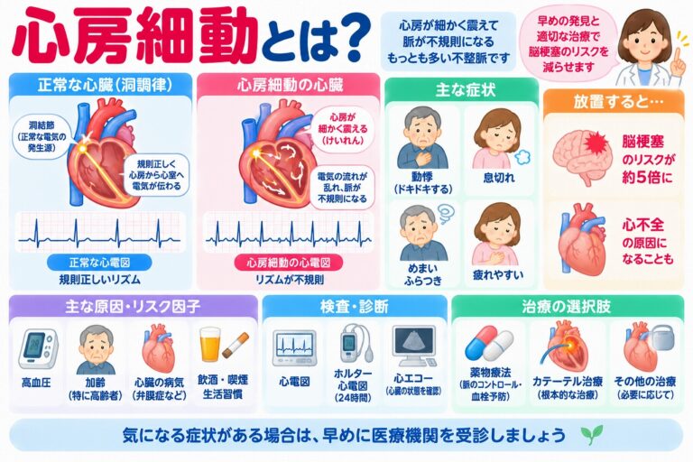 心房細動の仕組みや症状、原因、検査・治療法を解説した医療インフォグラフィック。正常な心臓と心房細動の心臓を比較し、電気信号の乱れによる不規則な脈と心電図の違いを紹介。動悸、息切れ、めまい、疲労感などの症状、脳梗塞や心不全のリスク、心電図検査、抗凝固薬、カテーテルアブレーションなどの治療法を図解。
