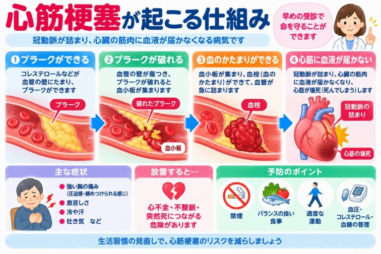 心筋梗塞が起こる仕組みとは？冠動脈の閉塞・血栓形成・主な症状を図解