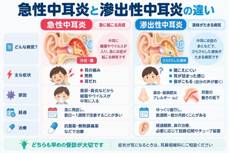 急性中耳炎と滲出性中耳炎の違いを比較したインフォグラフィック。耳の痛みや発熱が起こりやすい急性中耳炎と、中耳に液体がたまり聞こえにくさや耳の詰まり感が現れやすい滲出性中耳炎について、原因・症状・経過・治療の違いを紹介