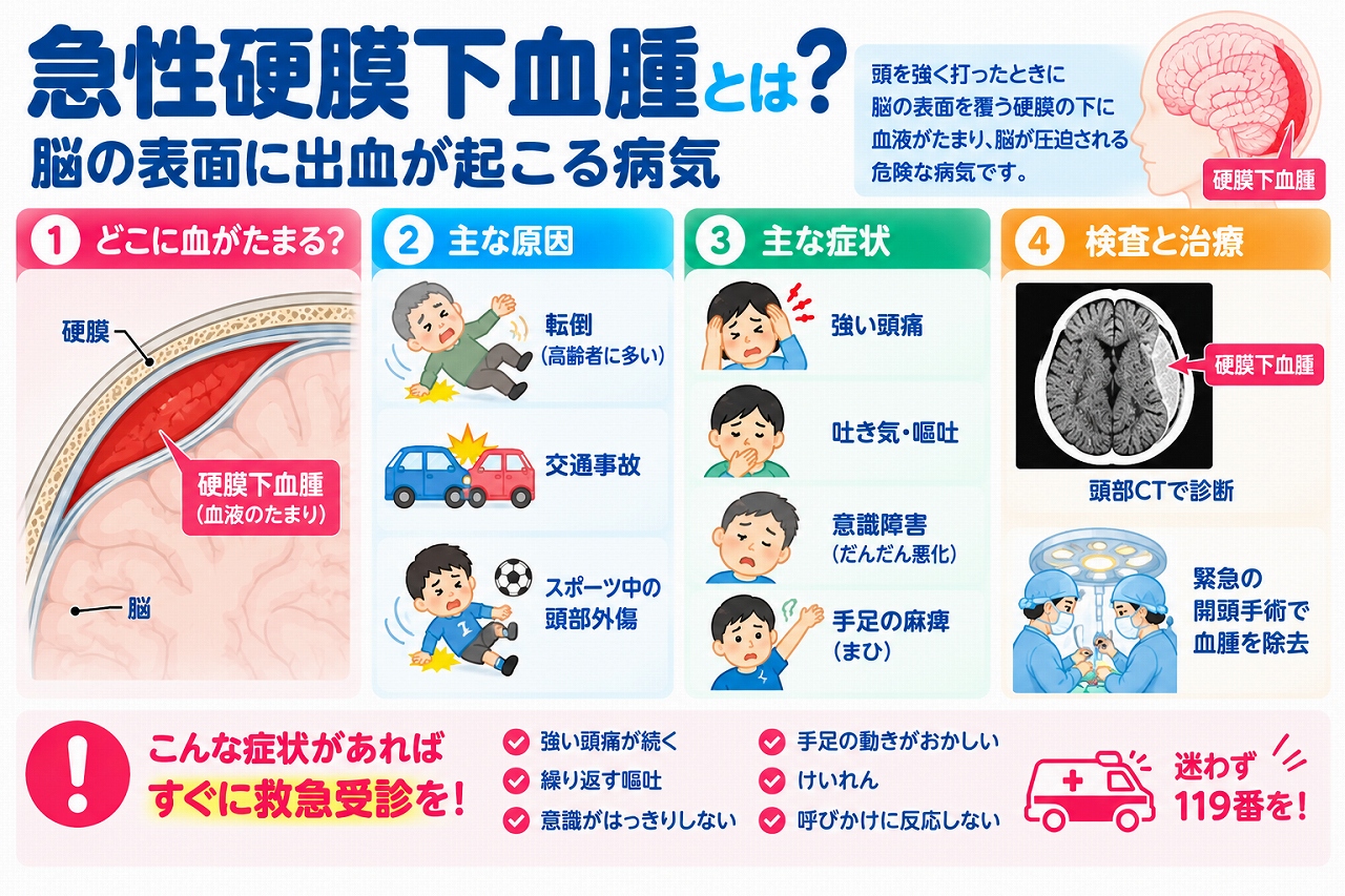 急性硬膜下血腫の発生部位や原因、症状、検査・治療法を解説した医療インフォグラフィック。頭部への強い衝撃によって硬膜とくも膜の間に血液がたまり、脳が圧迫される仕組みを断面図で紹介。転倒、交通事故、スポーツ中の頭部外傷などの原因と、強い頭痛、吐き気・嘔吐、意識障害、手足の麻痺などの症状、頭部CT検査、緊急開頭手術、119番通報の重要性を図解。