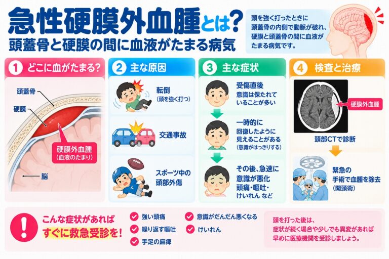 急性硬膜外血腫とは？頭蓋骨と硬膜の間に出血する原因・症状・治療法を図解