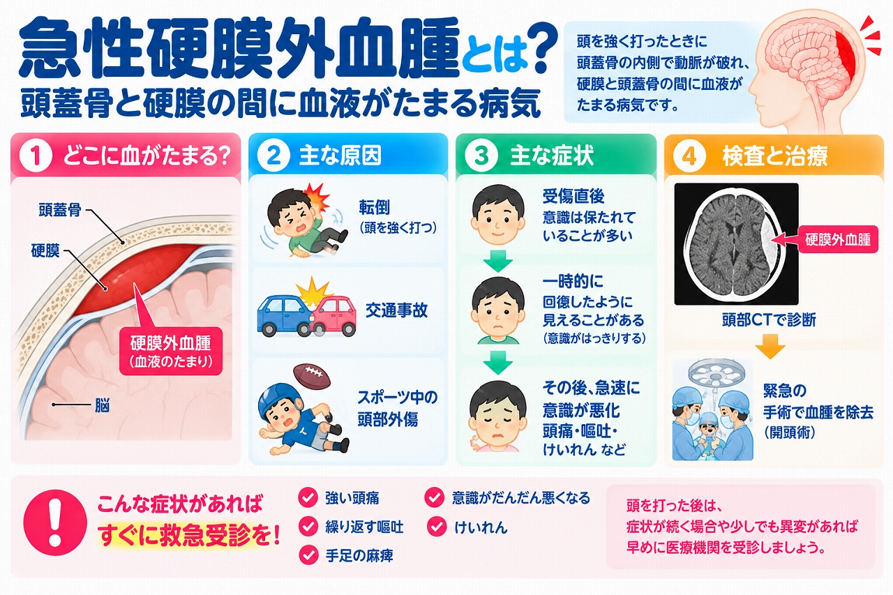 急性硬膜外血腫の発生部位や原因、症状、検査・治療法を解説した医療インフォグラフィック。頭蓋骨と硬膜の間に血液がたまる仕組みを脳の断面図で示し、転倒、交通事故、スポーツ中の頭部外傷などの原因を紹介。受傷後に一時的に意識が回復する場合や、その後に頭痛、嘔吐、意識障害、けいれん、麻痺などが現れる危険性と、頭部CT検査、緊急開頭手術の重要性を図解。