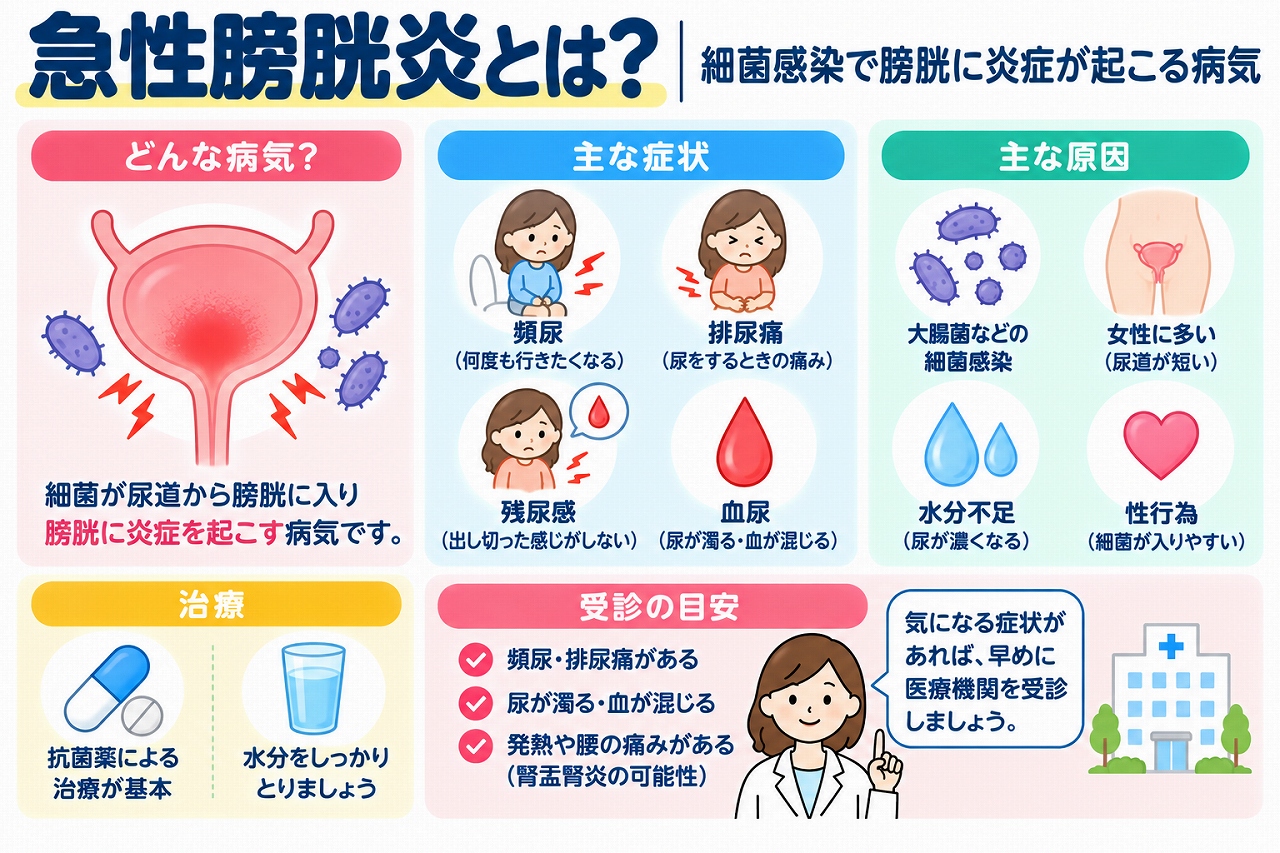 急性膀胱炎の原因と症状、治療法を解説した医療インフォグラフィック。大腸菌などの細菌が尿道から膀胱に侵入して炎症を起こす仕組みと、頻尿・排尿痛・残尿感・血尿などの症状、抗菌薬による治療、受診の目安を図解。