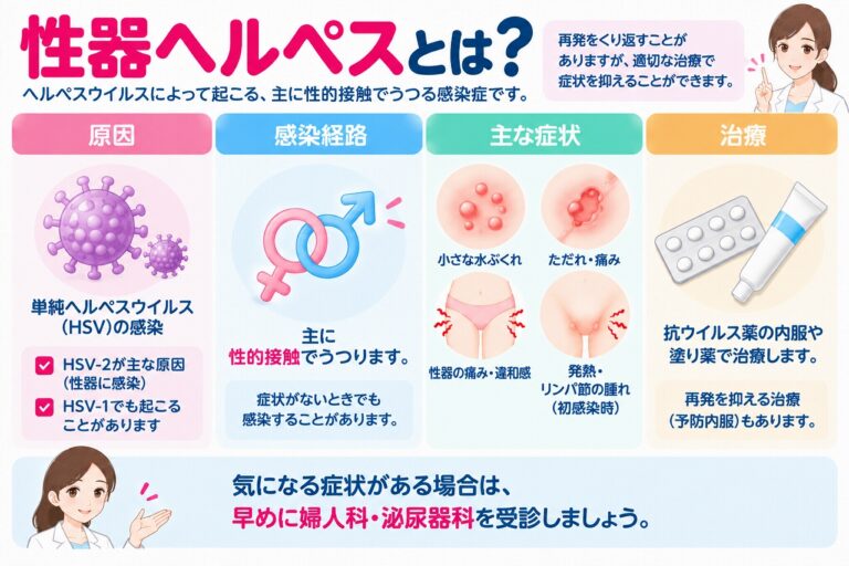性器ヘルペスの原因や感染経路、症状を解説したインフォグラフィック。単純ヘルペスウイルス（HSV）の感染によって起こり、性器周辺の小さな水ぶくれ、ただれ、痛み、違和感などの症状や、再発することがある特徴、抗ウイルス薬による治療について紹介