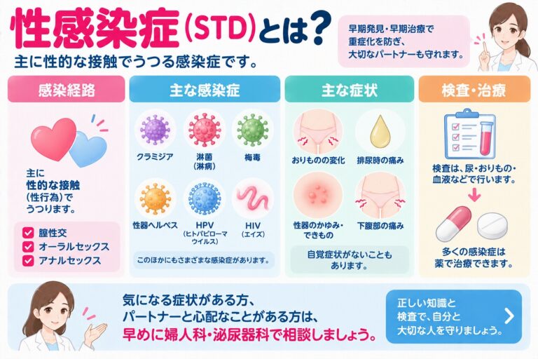 性感染症（STD）の感染経路や種類、症状を解説したインフォグラフィック。性的接触によって感染するクラミジア、淋菌感染症、梅毒、性器ヘルペス、HPV、HIVなどと、おりものの変化、排尿時痛、性器のかゆみ・できもの、下腹部痛などの症状、検査・治療について紹介