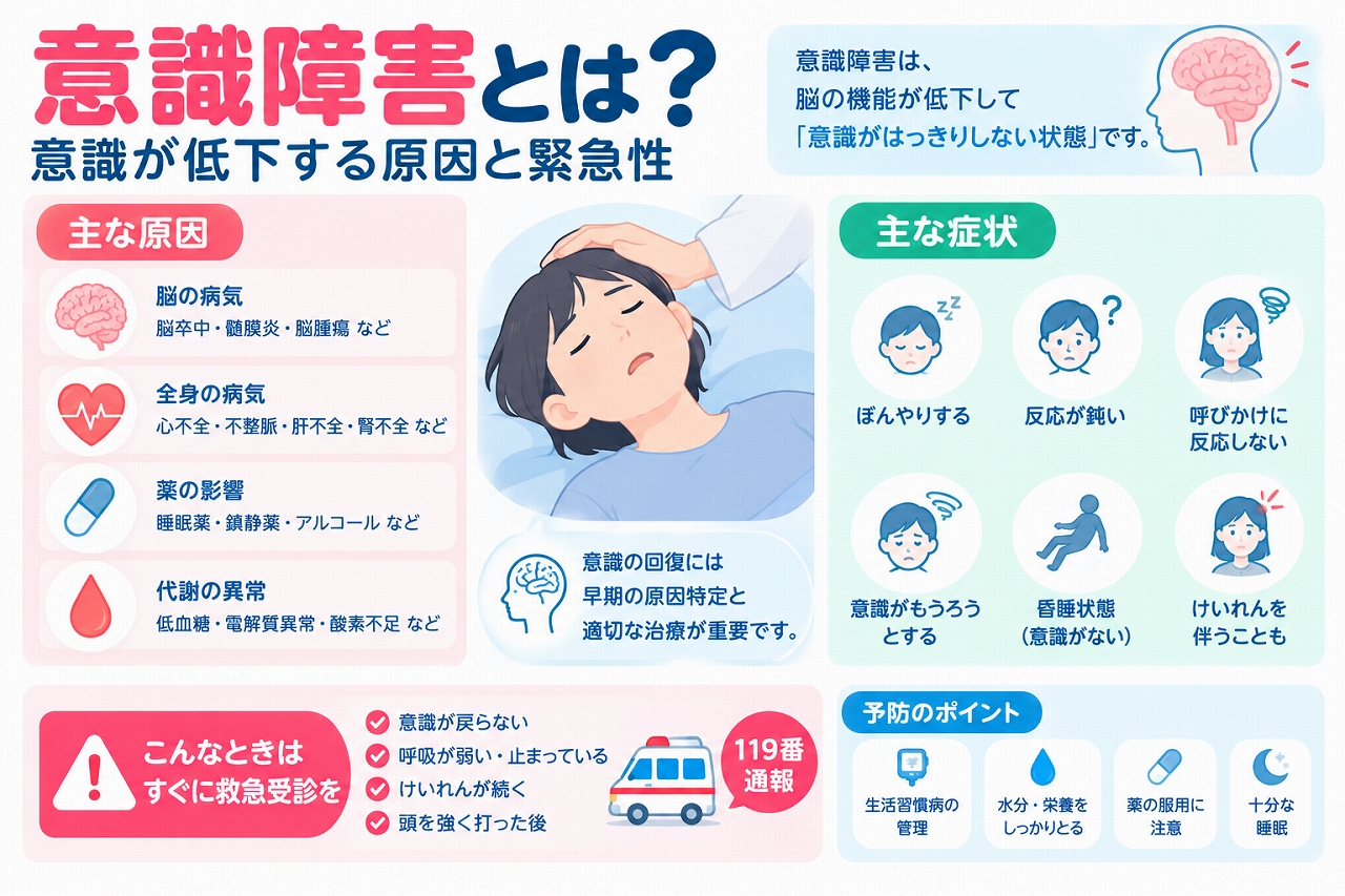 意識障害の原因や症状、緊急性を解説した医療インフォグラフィック。脳卒中・髄膜炎などの脳の病気、心不全・不整脈などの全身疾患、低血糖・電解質異常、薬の影響などを図解。反応が鈍い、呼びかけに反応しない、意識がもうろうとする、けいれんなどの症状と119番通報が必要な状態を紹介。